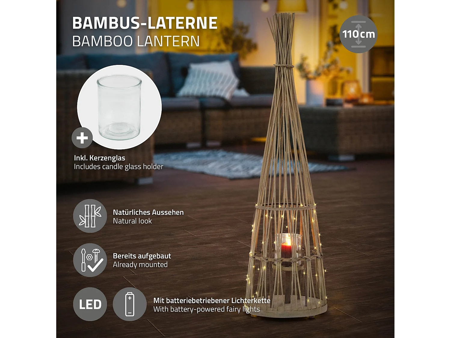Lanterne en bambou 110cm naturel avec guirlande LED poignée et insert en verre style boho pour jardin salon porte-bougie tressé extérieur ou intérieur