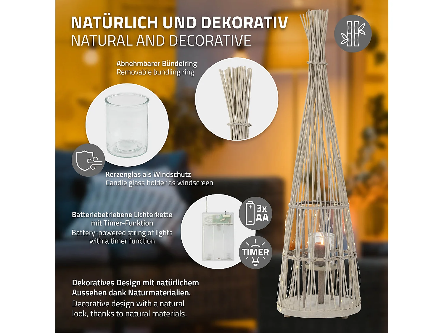 Lanterne en bambou 110cm naturel avec guirlande LED poignée et insert en verre style boho pour jardin salon porte-bougie tressé extérieur ou intérieur
