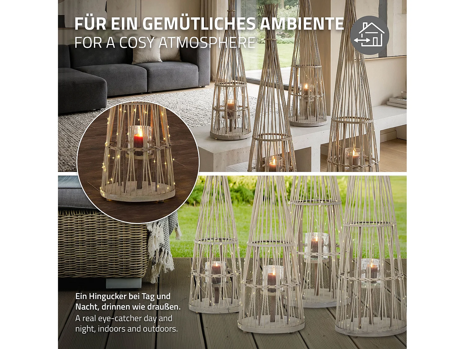 Lanterne en bambou 110cm naturel avec guirlande LED poignée et insert en verre style boho pour jardin salon porte-bougie tressé extérieur ou intérieur