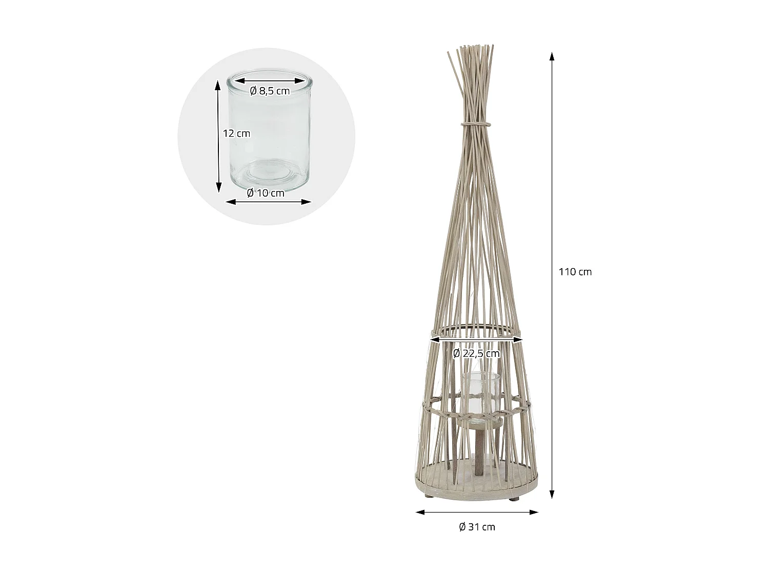 Lanterne en bambou 110cm naturel avec guirlande LED poignée et insert en verre style boho pour jardin salon porte-bougie tressé extérieur ou intérieur