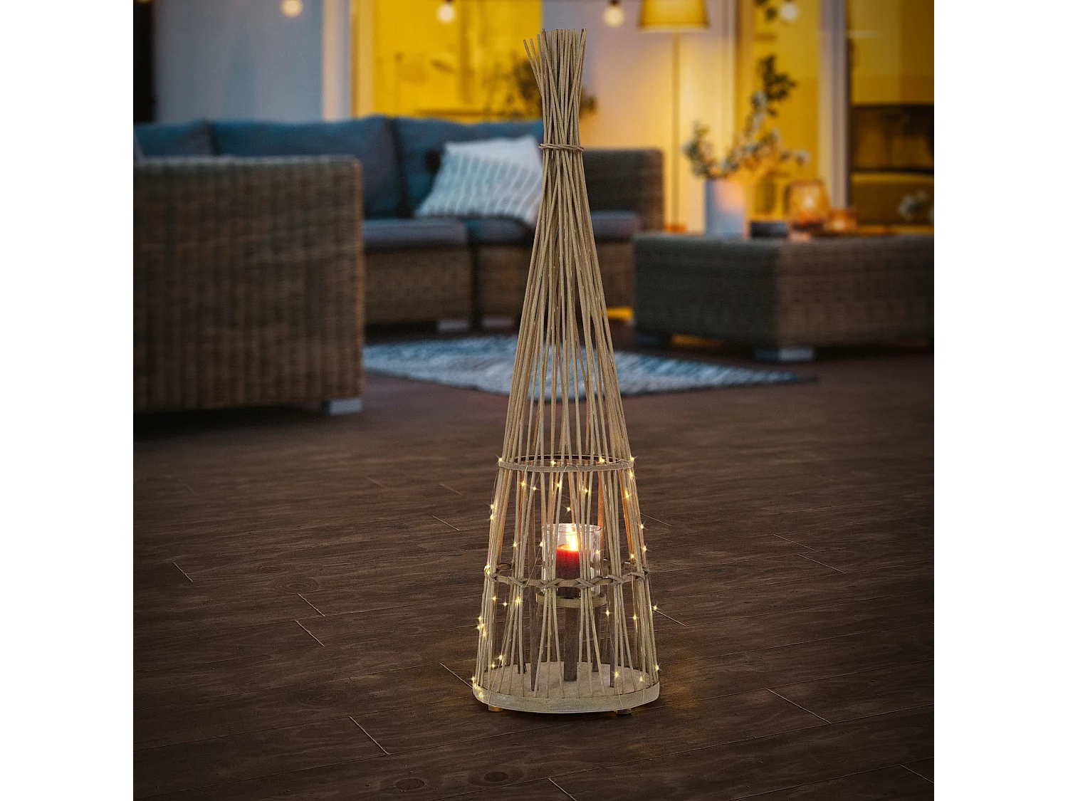 Lanterne en bambou 110cm naturel avec guirlande LED poignée et insert en verre style boho pour jardin salon porte-bougie tressé extérieur ou intérieur