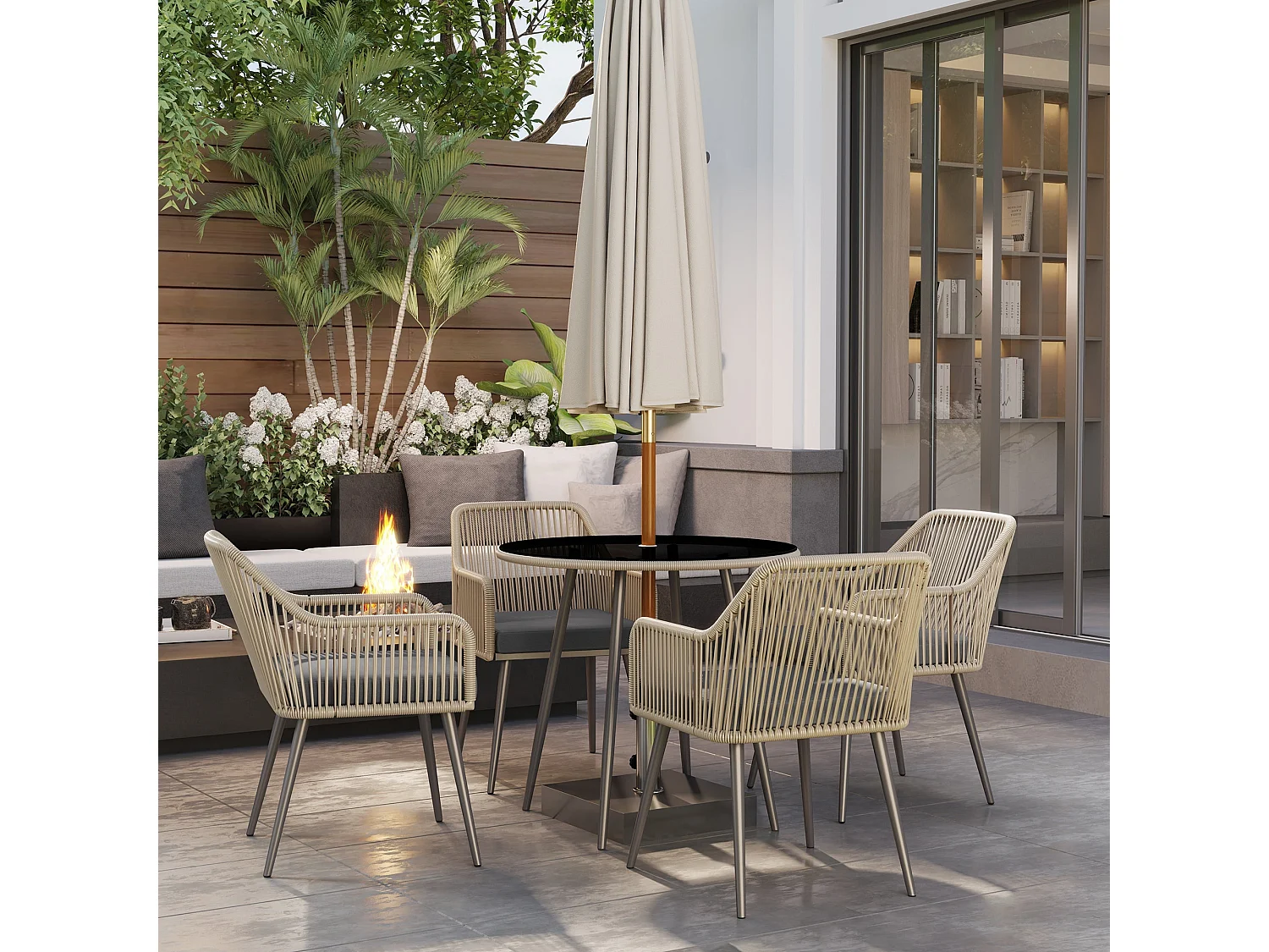 Salon De Jardin en Rotin 2 Fauteuils + Table Avec Plateau Verre, Résistant Aux Intempéries, Gris