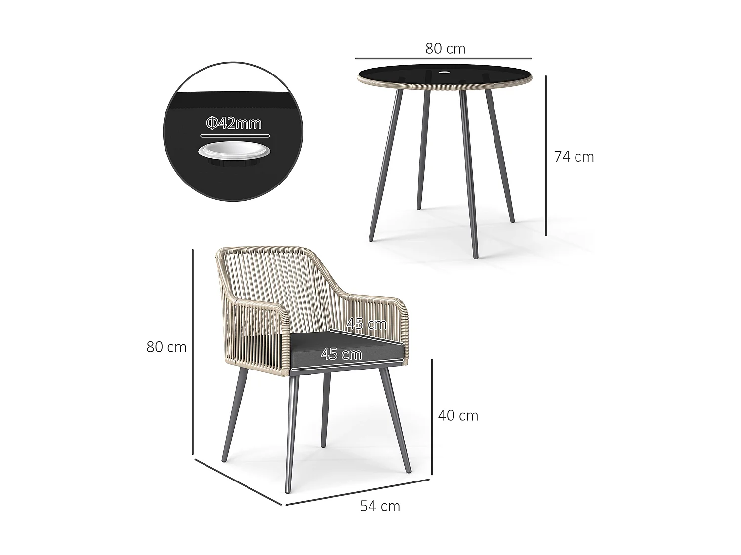 Salon De Jardin en Rotin 2 Fauteuils + Table Avec Plateau Verre, Résistant Aux Intempéries, Gris
