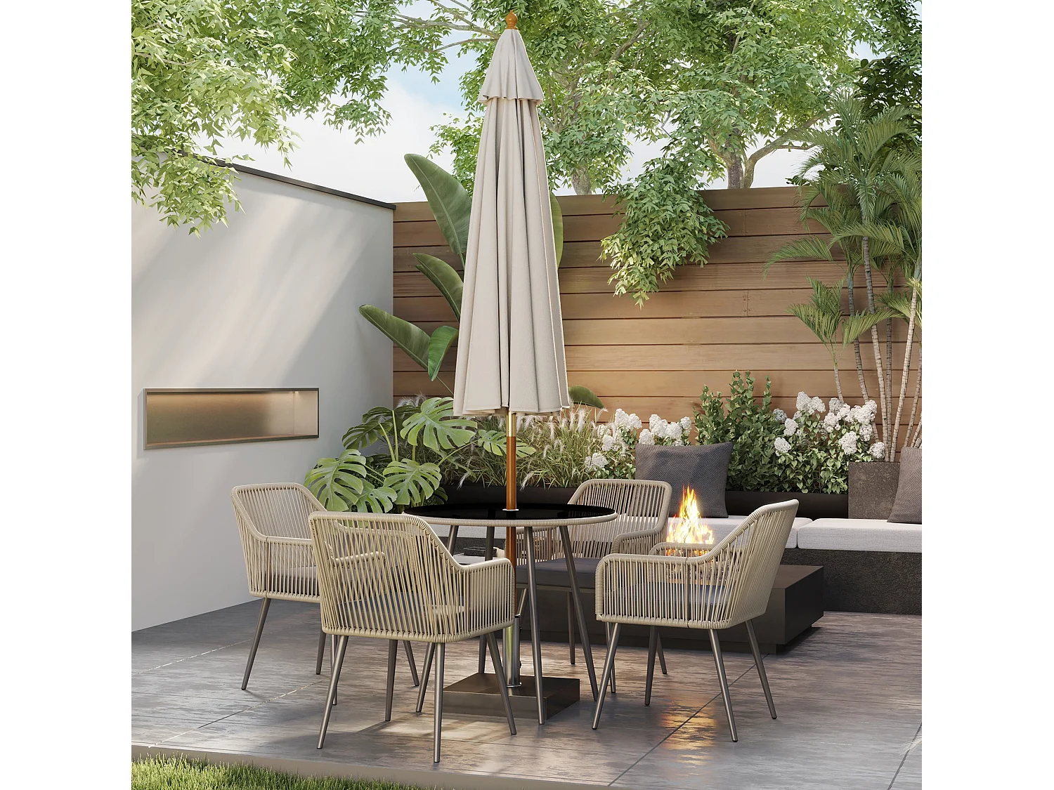 Salon De Jardin en Rotin 2 Fauteuils + Table Avec Plateau Verre, Résistant Aux Intempéries, Gris