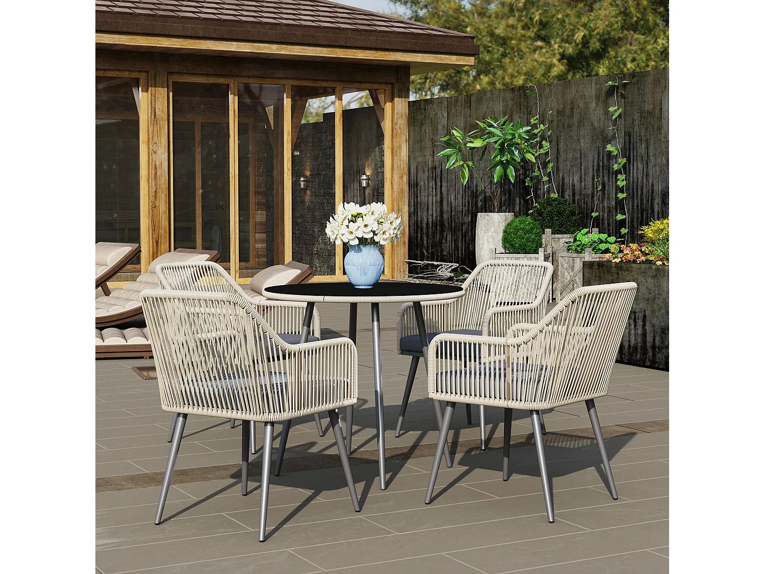 Salon De Jardin en Rotin 2 Fauteuils + Table Avec Plateau Verre, Résistant Aux Intempéries, Gris