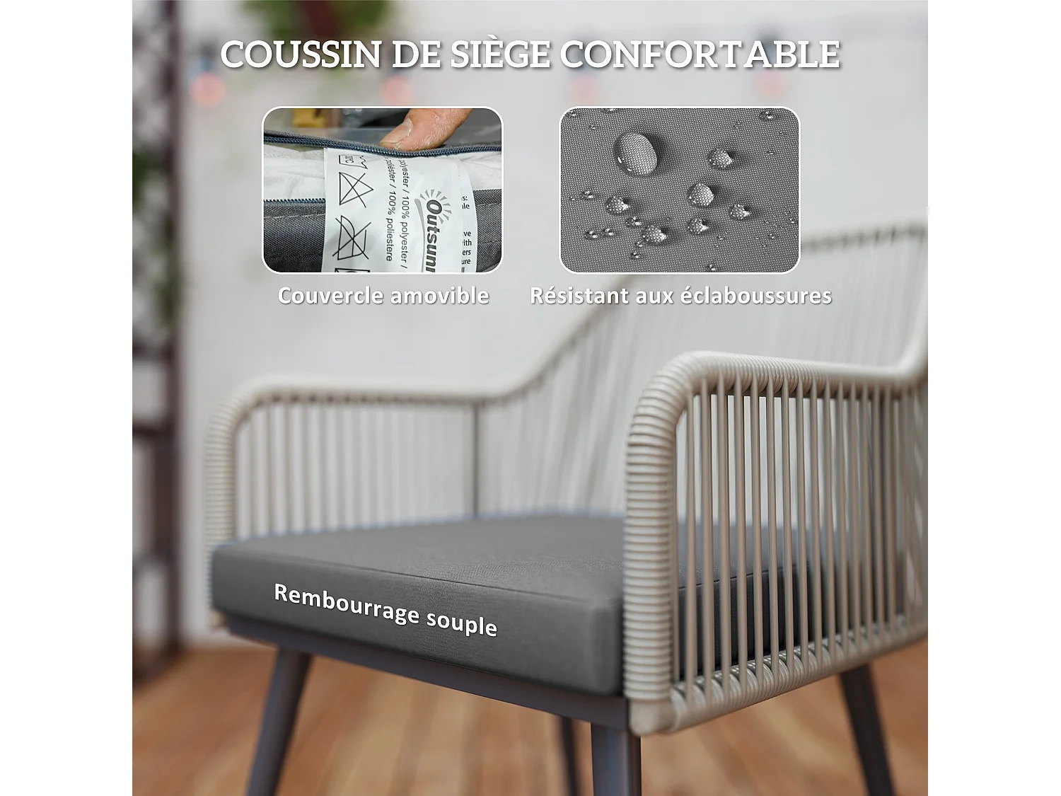 Salon De Jardin en Rotin 2 Fauteuils + Table Avec Plateau Verre, Résistant Aux Intempéries, Gris