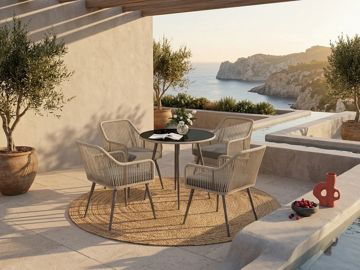 Salon De Jardin en Rotin 2 Fauteuils + Table Avec Plateau Verre, Résistant Aux Intempéries, Gris