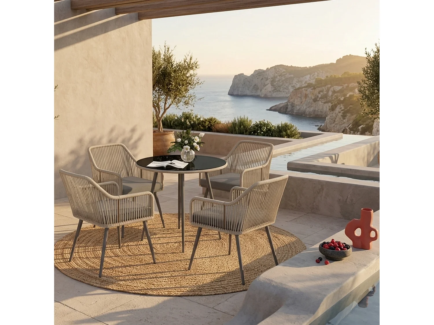 Salon De Jardin en Rotin 2 Fauteuils + Table Avec Plateau Verre, Résistant Aux Intempéries, Gris