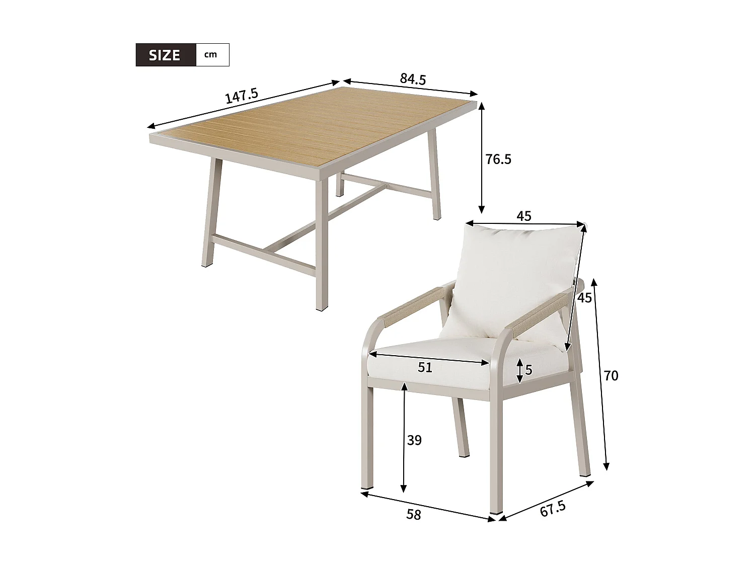 Salle à manger de jardin 6 places – Table + 6 chaises – Acier galvanisé – Plateau bois composite – Tressage corde – Camel & beige