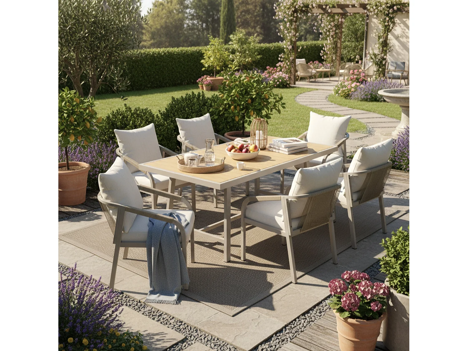 Salle à manger de jardin 6 places – Table + 6 chaises – Acier galvanisé – Plateau bois composite – Tressage corde – Camel & beige