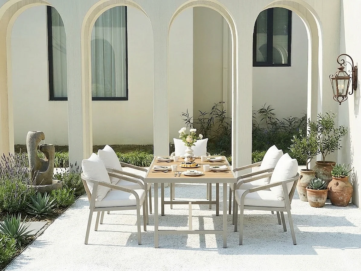 Salle à manger de jardin 6 places – Table + 6 chaises – Acier galvanisé – Plateau bois composite – Tressage corde – Camel & beige