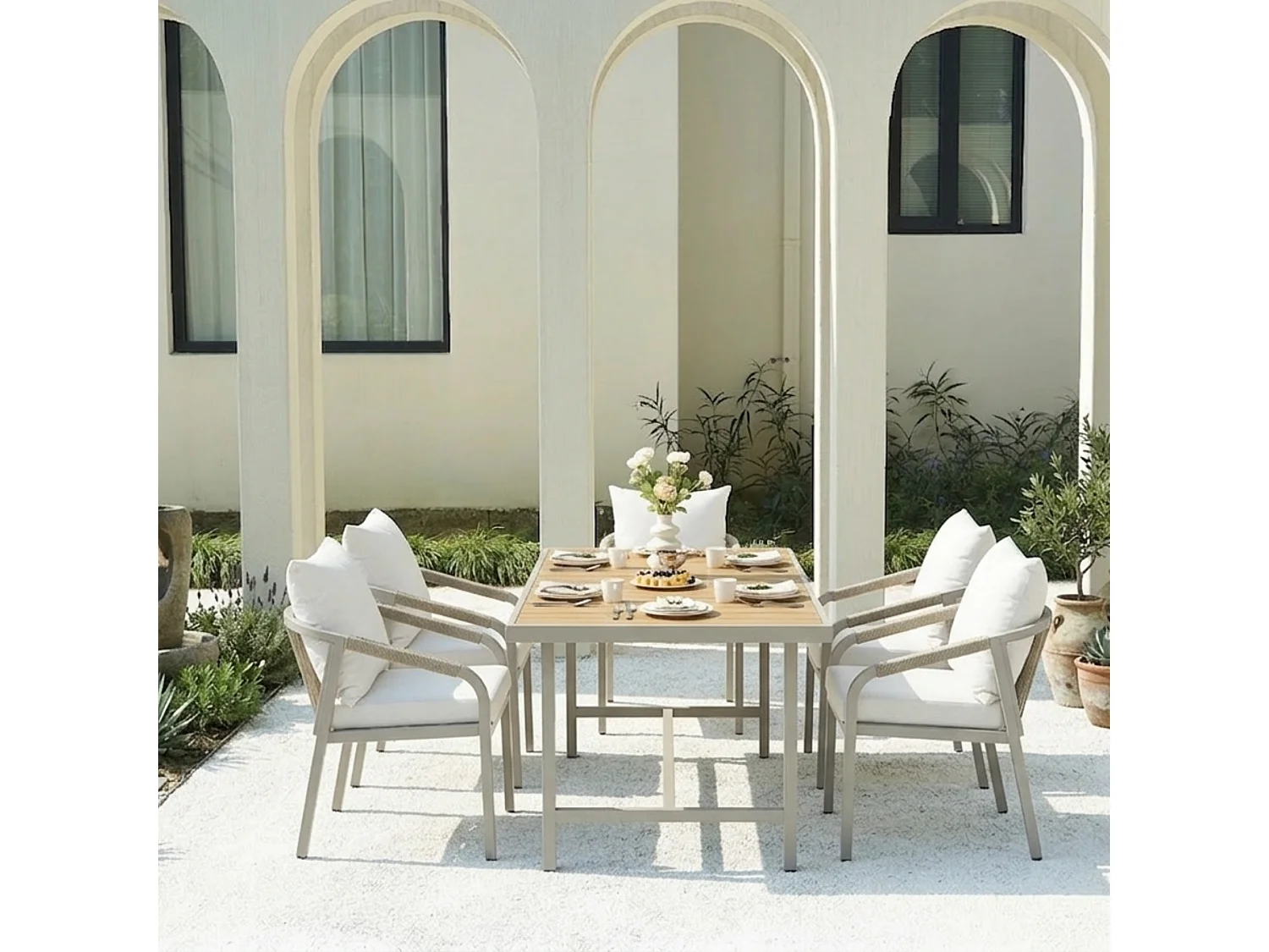 Salle à manger de jardin 6 places – Table + 6 chaises – Acier galvanisé – Plateau bois composite – Tressage corde – Camel & beige