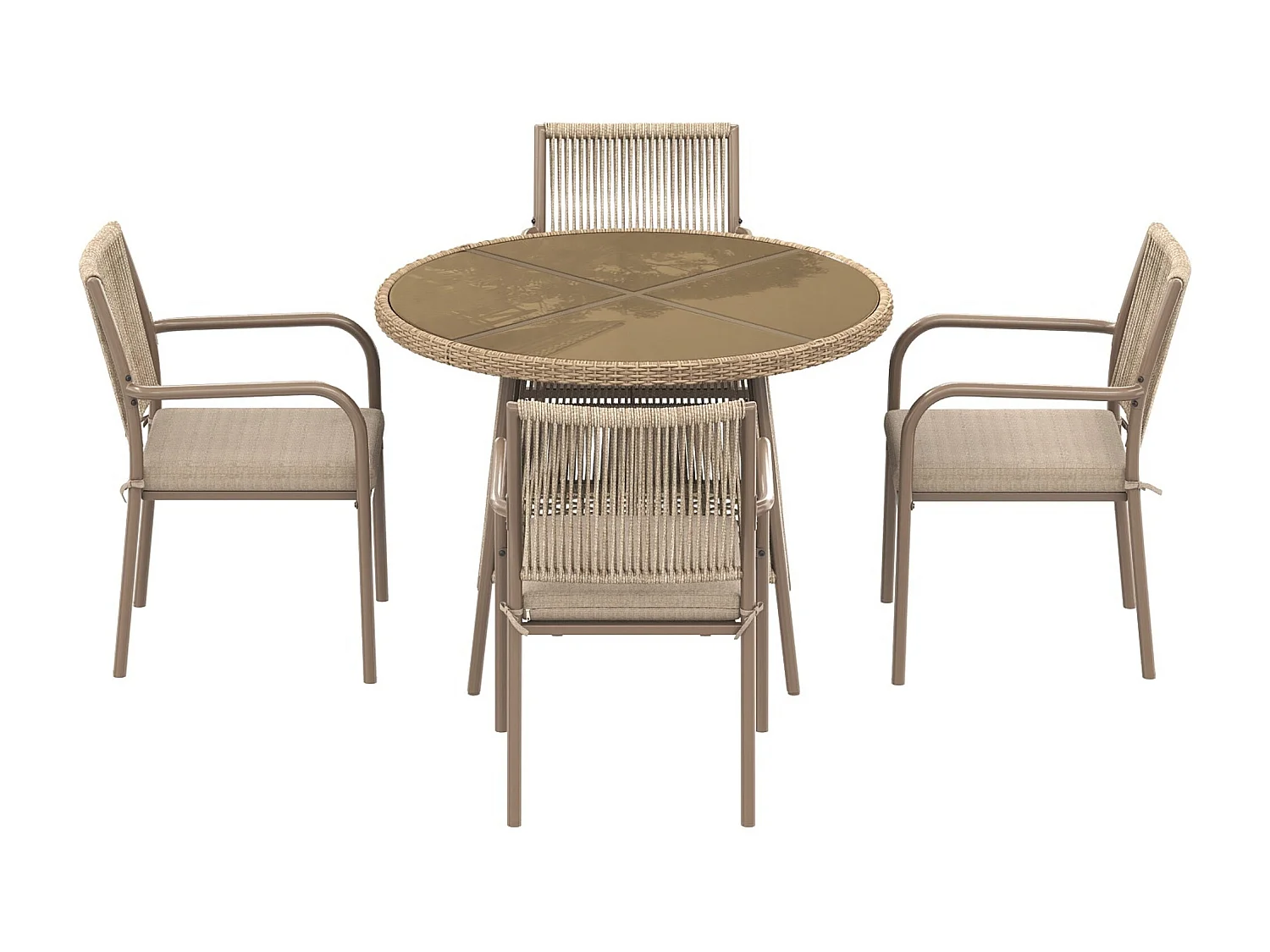 Salle à Manger de Jardin 5 Pièces – Table Ronde Verre Trempé + 4 Fauteuils – Structure Fer – Rotin PE – Noir