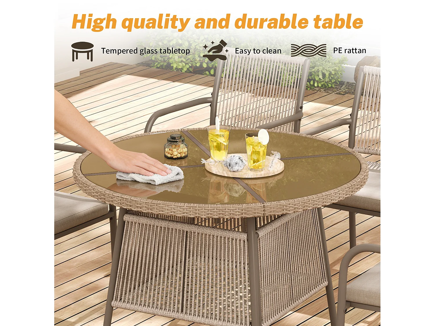 Salle à Manger de Jardin 5 Pièces – Table Ronde Verre Trempé + 4 Fauteuils – Structure Fer – Rotin PE – Noir