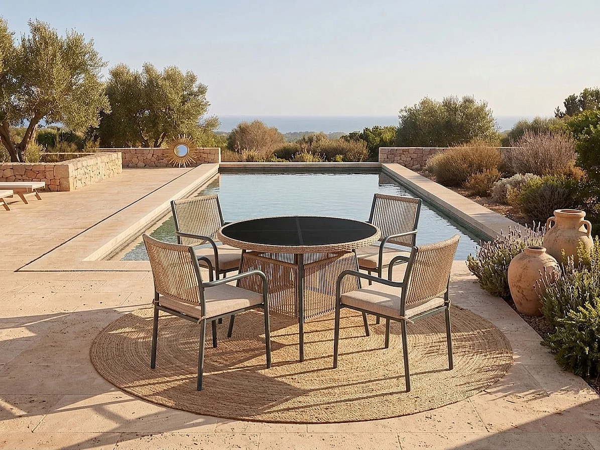 Salle à Manger de Jardin 5 Pièces – Table Ronde Verre Trempé + 4 Fauteuils – Structure Fer – Rotin PE – Noir