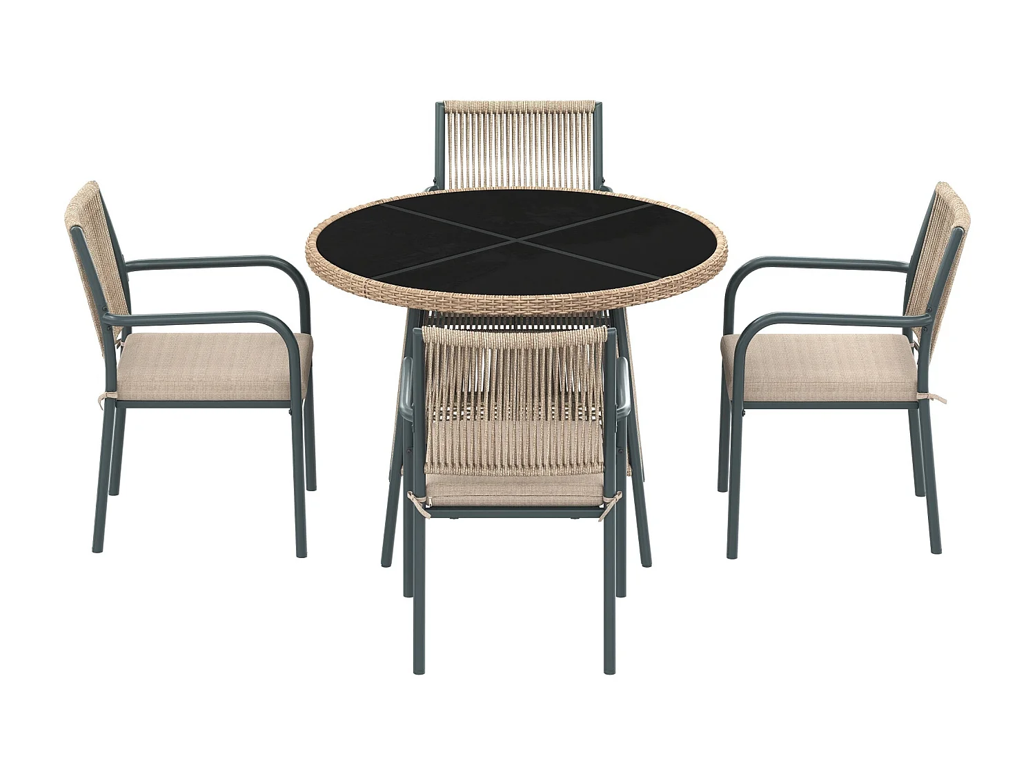 Salle à Manger de Jardin 5 Pièces – Table Ronde Verre Trempé + 4 Fauteuils – Structure Fer – Rotin PE – Coussins Inclus