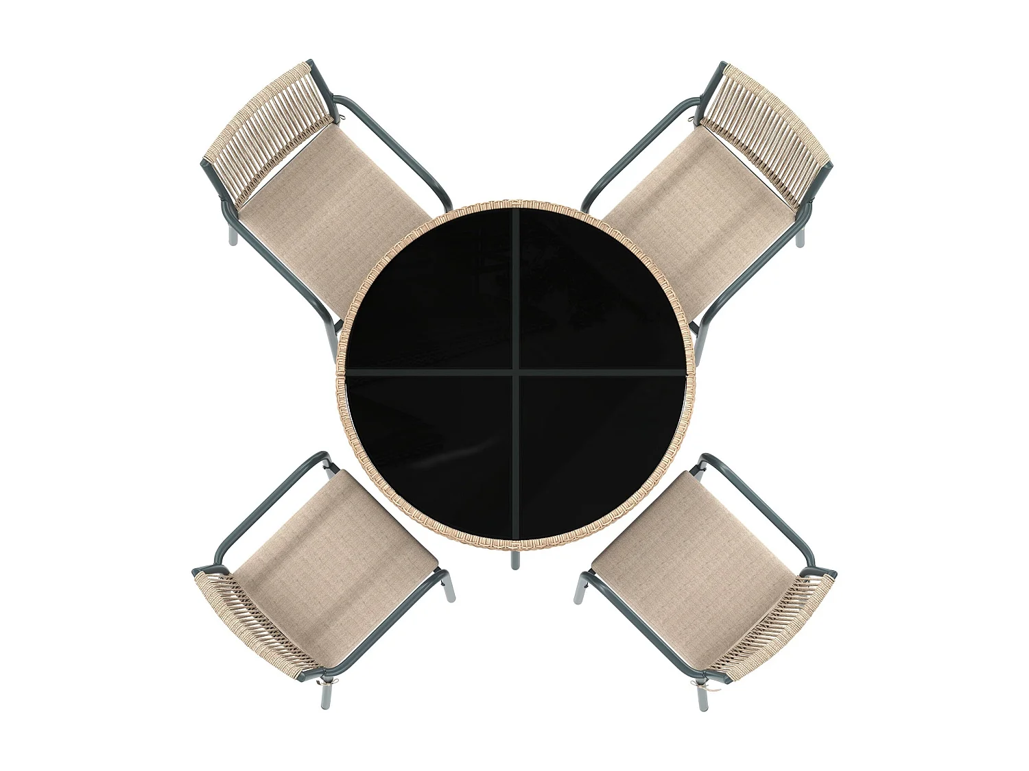 Salle à Manger de Jardin 5 Pièces – Table Ronde Verre Trempé + 4 Fauteuils – Structure Fer – Rotin PE – Coussins Inclus