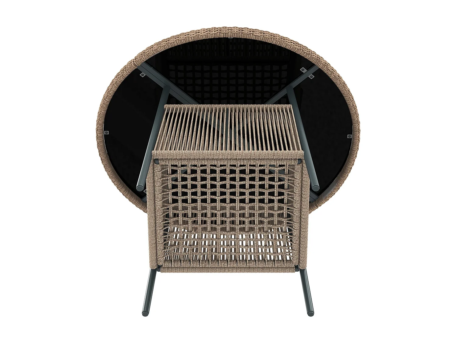 Salle à Manger de Jardin 5 Pièces – Table Ronde Verre Trempé + 4 Fauteuils – Structure Fer – Rotin PE – Coussins Inclus