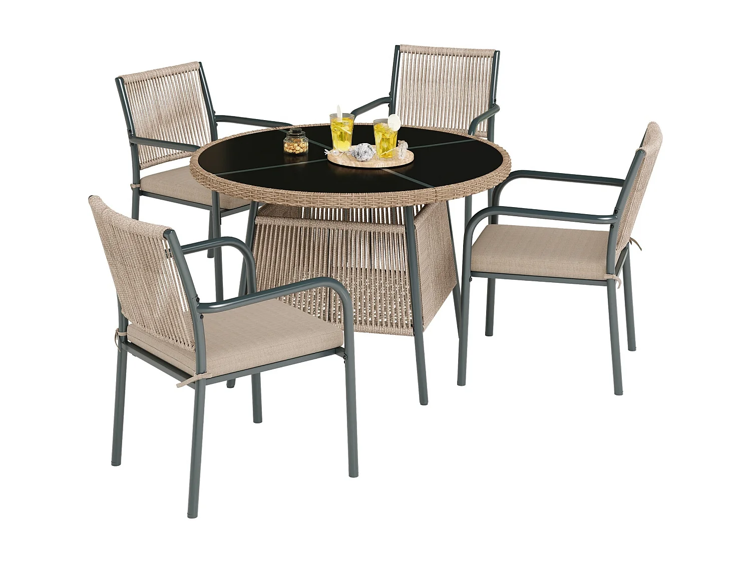 Salle à Manger de Jardin 5 Pièces – Table Ronde Verre Trempé + 4 Fauteuils – Structure Fer – Rotin PE – Coussins Inclus