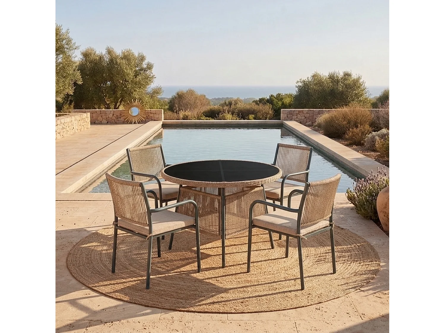Salle à Manger de Jardin 5 Pièces – Table Ronde Verre Trempé + 4 Fauteuils – Structure Fer – Rotin PE – Coussins Inclus