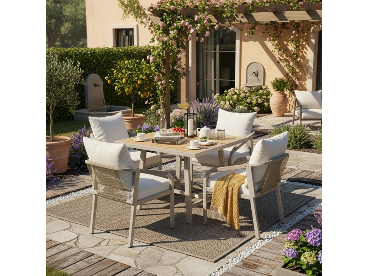 Salle à Manger de Jardin 4 Places – Table + 4 Chaises – Acier Galvanisé – Bois Composite – Tressage Corde – Camel & Beige