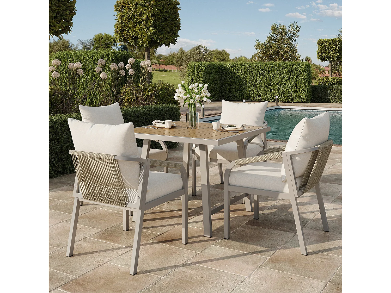 Salle à Manger de Jardin 4 Places – Table + 4 Chaises – Acier Galvanisé – Bois Composite – Tressage Corde – Camel & Beige