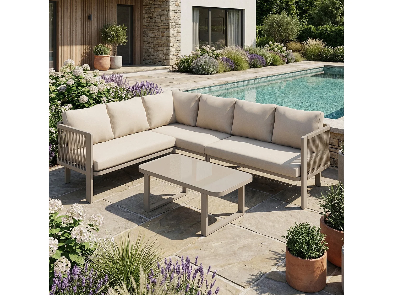 Salon de Jardin d’angle 6 Places – Table Verre – Banc + Chaises + Canapé – Acier Galvanisé – Corde Teslin – Kaki