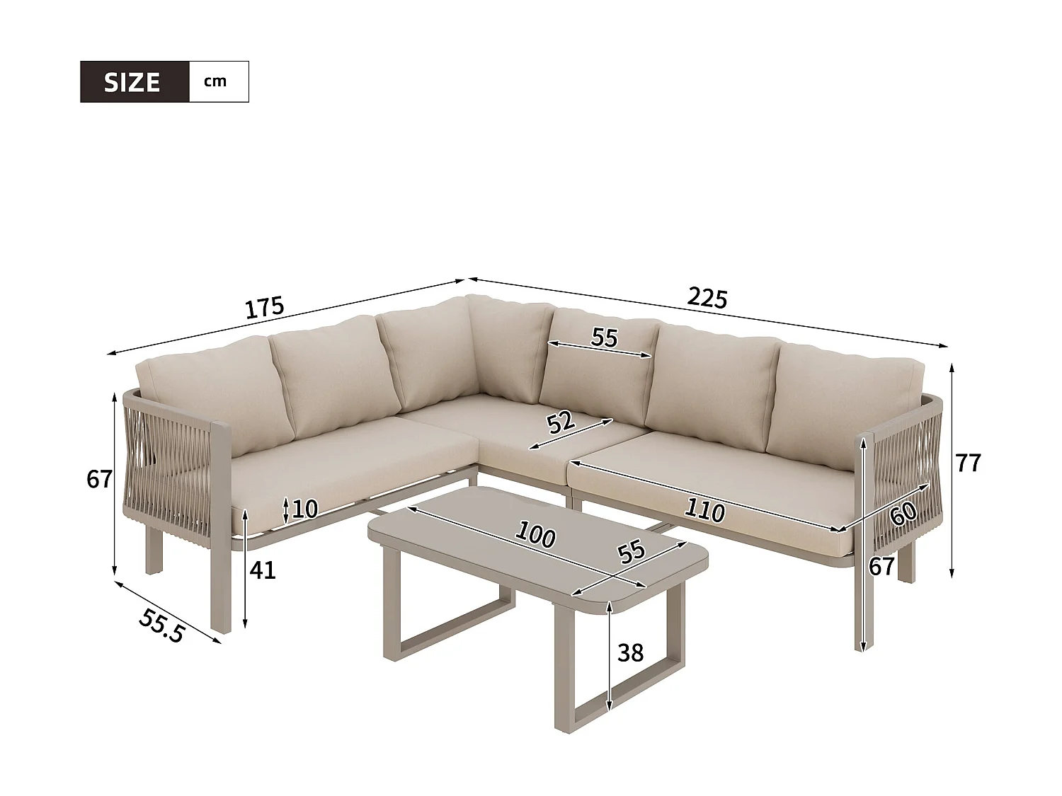 Salon de Jardin d’angle 6 Places – Table Verre – Banc + Chaises + Canapé – Acier Galvanisé – Corde Teslin – Kaki