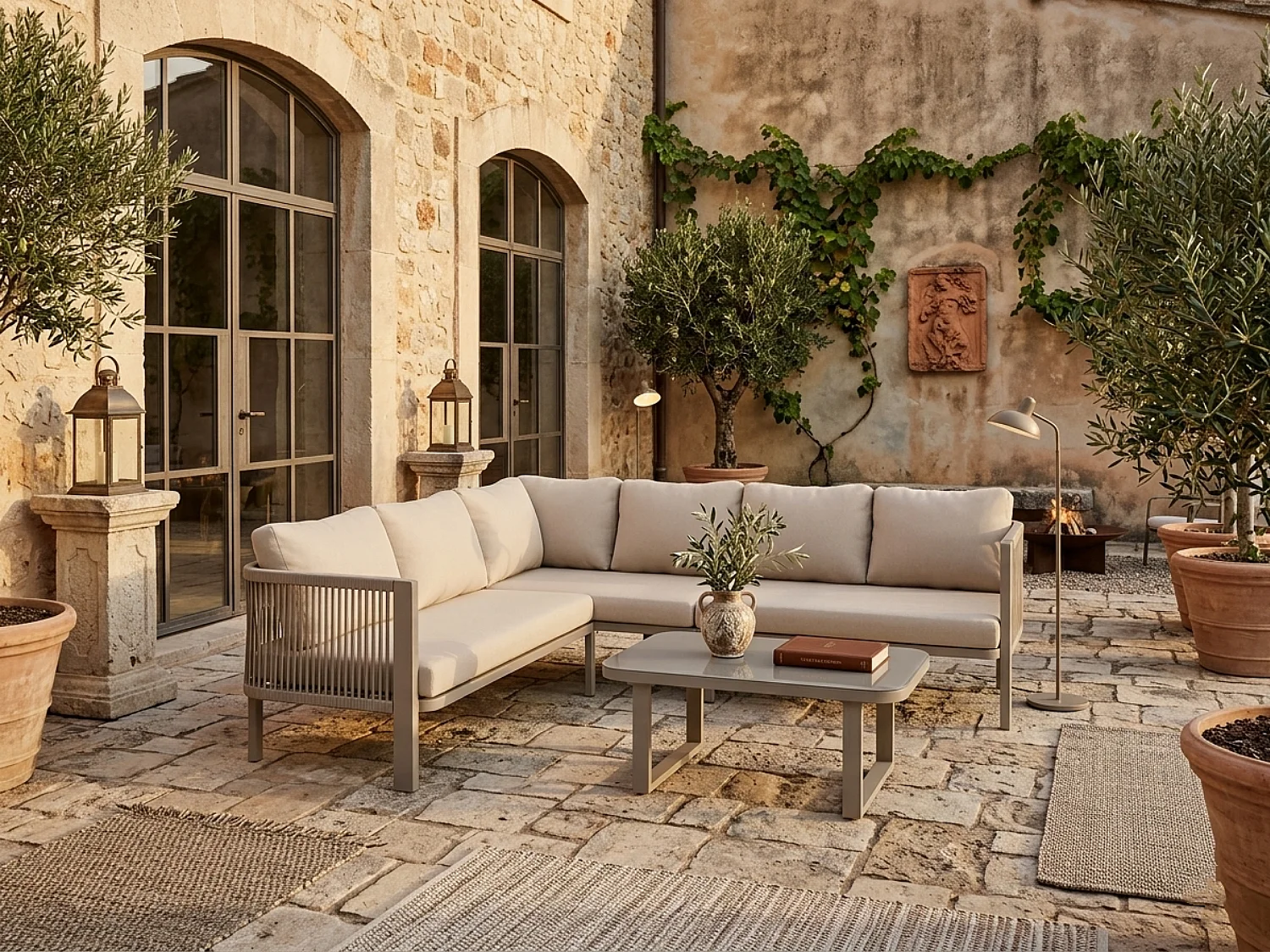 Salon de Jardin d’angle 6 Places – Table Verre – Banc + Chaises + Canapé – Acier Galvanisé – Corde Teslin – Kaki