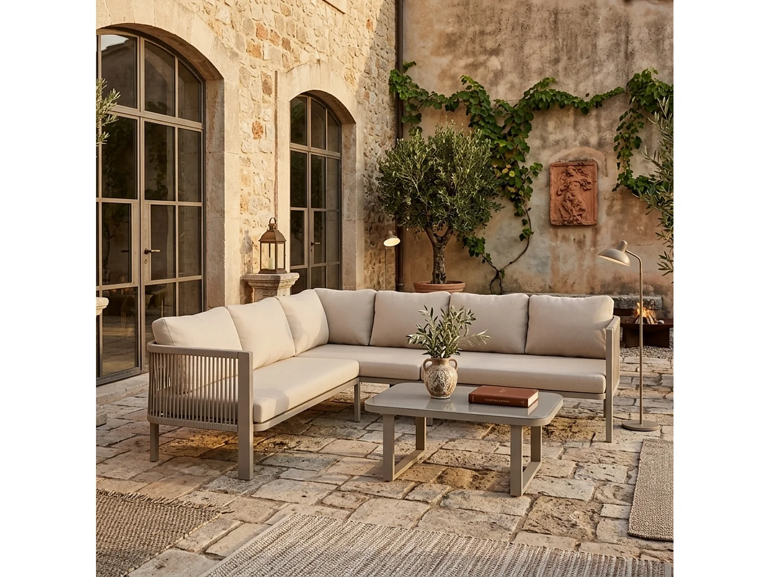 Salon de Jardin d’angle 6 Places – Table Verre – Banc + Chaises + Canapé – Acier Galvanisé – Corde Teslin – Kaki