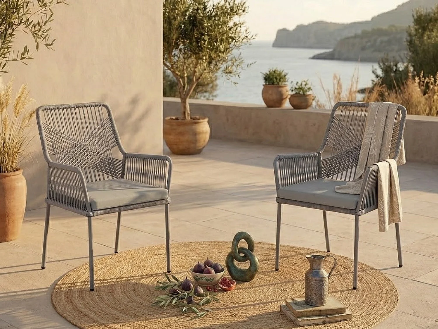 Lot De 2 Chaises De Jardin En Rotin – Coussins Lavables, Accoudoirs, Dossier, Acier, Gris Foncé