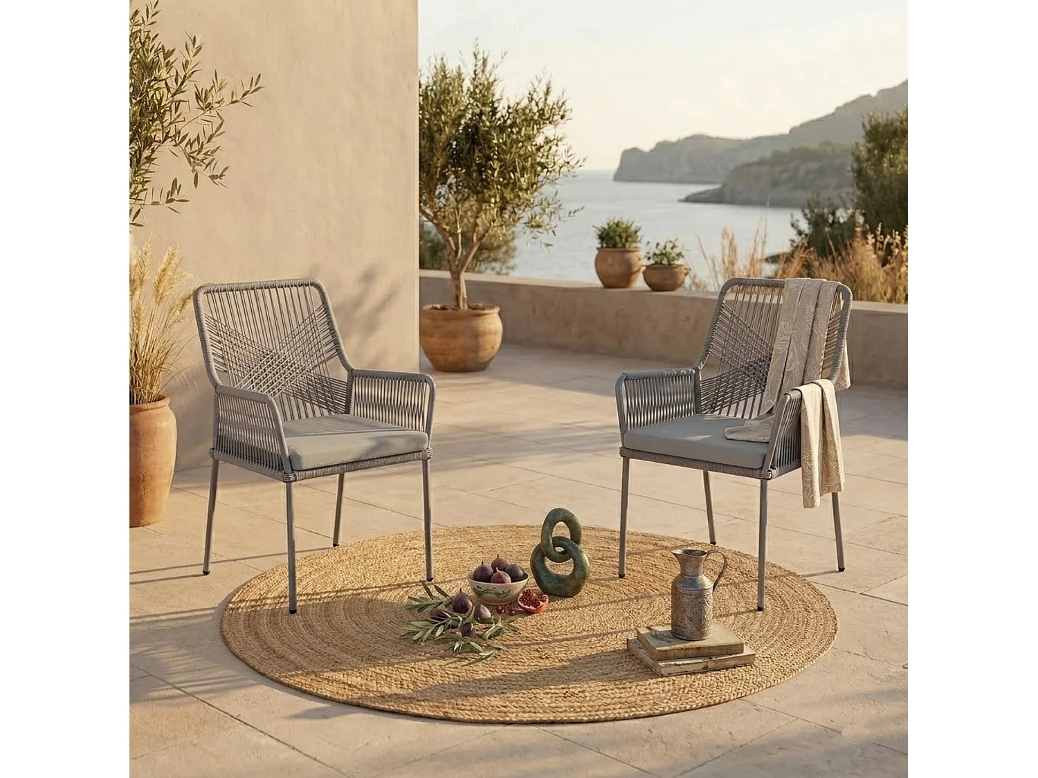 Lot De 2 Chaises De Jardin En Rotin – Coussins Lavables, Accoudoirs, Dossier, Acier, Gris Foncé