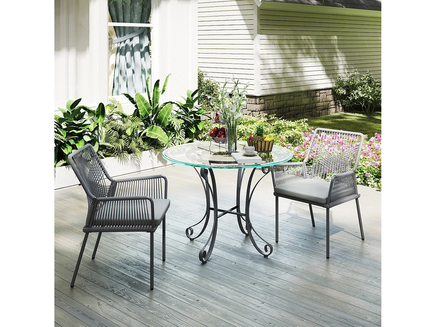 Lot De 2 Chaises De Jardin En Rotin – Coussins Lavables, Accoudoirs, Dossier, Acier, Gris Foncé