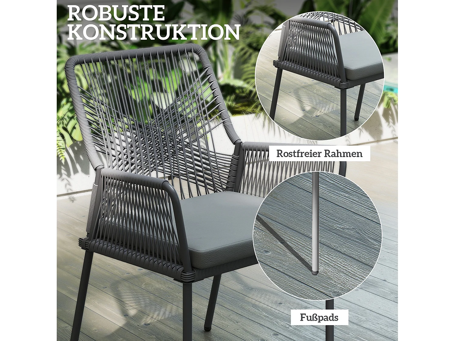 Lot De 2 Chaises De Jardin En Rotin – Coussins Lavables, Accoudoirs, Dossier, Acier, Gris Foncé