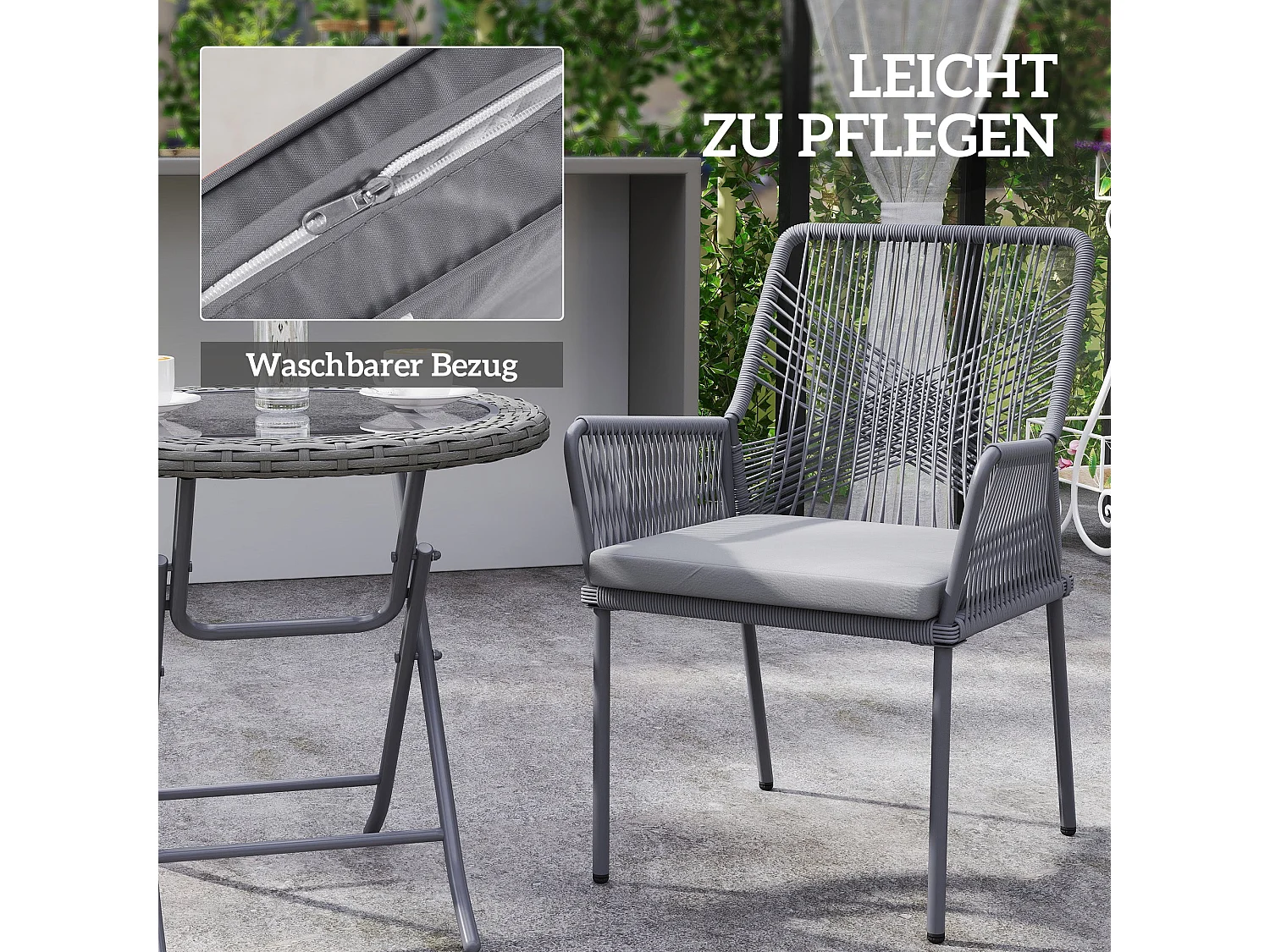 Lot De 2 Chaises De Jardin En Rotin – Coussins Lavables, Accoudoirs, Dossier, Acier, Gris Foncé