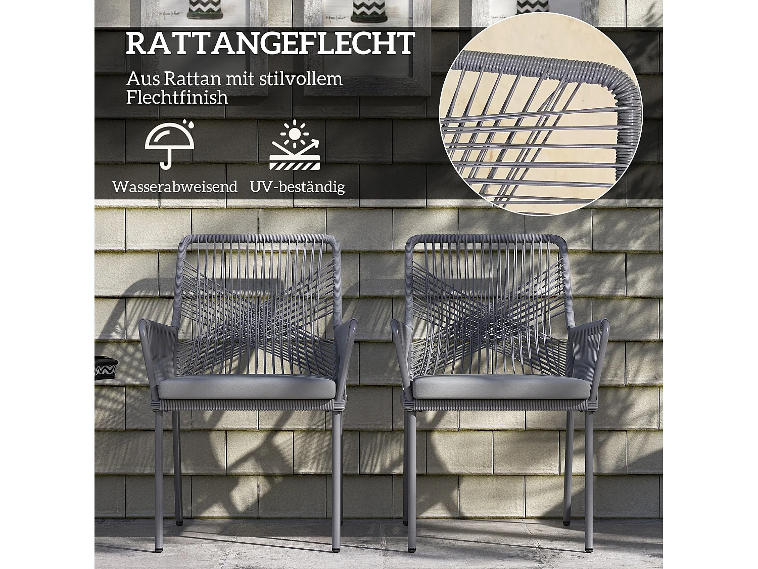 Lot De 2 Chaises De Jardin En Rotin – Coussins Lavables, Accoudoirs, Dossier, Acier, Gris Foncé