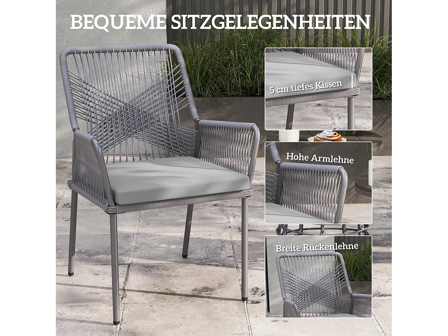 Lot De 2 Chaises De Jardin En Rotin – Coussins Lavables, Accoudoirs, Dossier, Acier, Gris Foncé