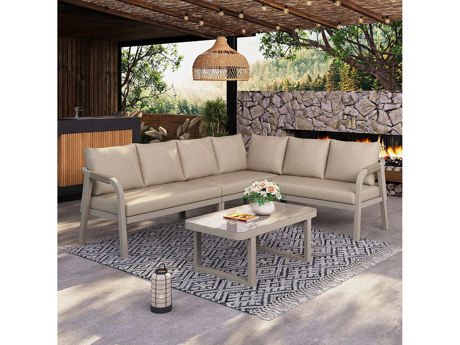 Salon de Jardin d’angle 6 places – Canapé d’angle + table basse verre – Tressage corde – Acier galvanisé – Beige