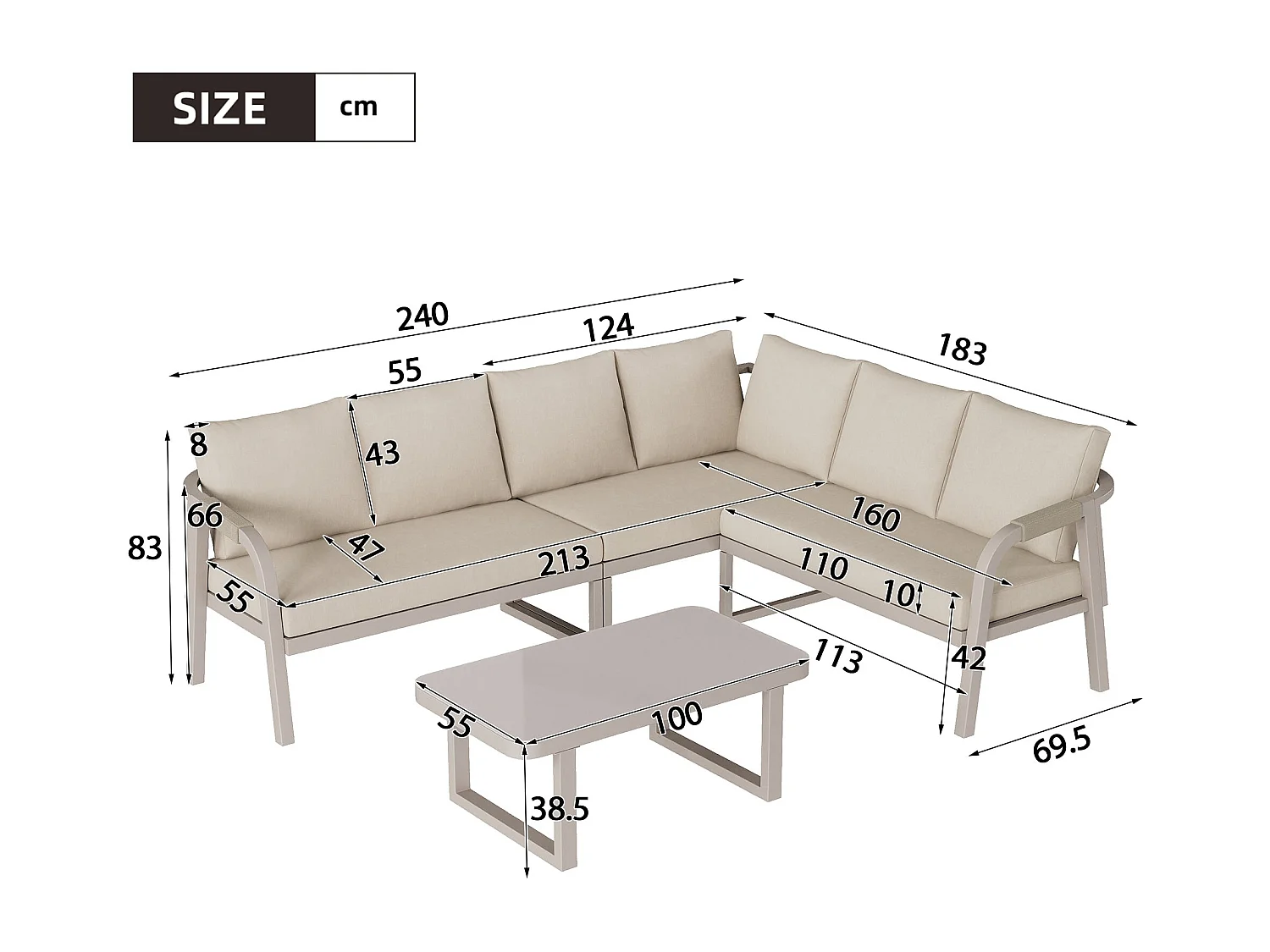 Salon de Jardin d’angle 6 places – Canapé d’angle + table basse verre – Tressage corde – Acier galvanisé – Beige
