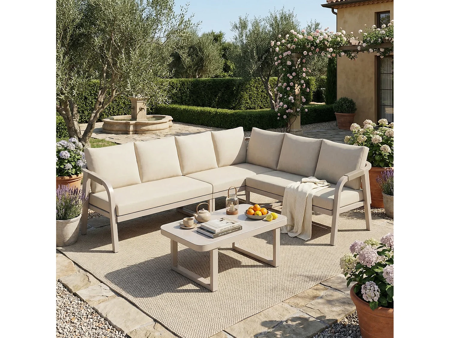 Salon de Jardin d’angle 6 places – Canapé d’angle + table basse verre – Tressage corde – Acier galvanisé – Beige