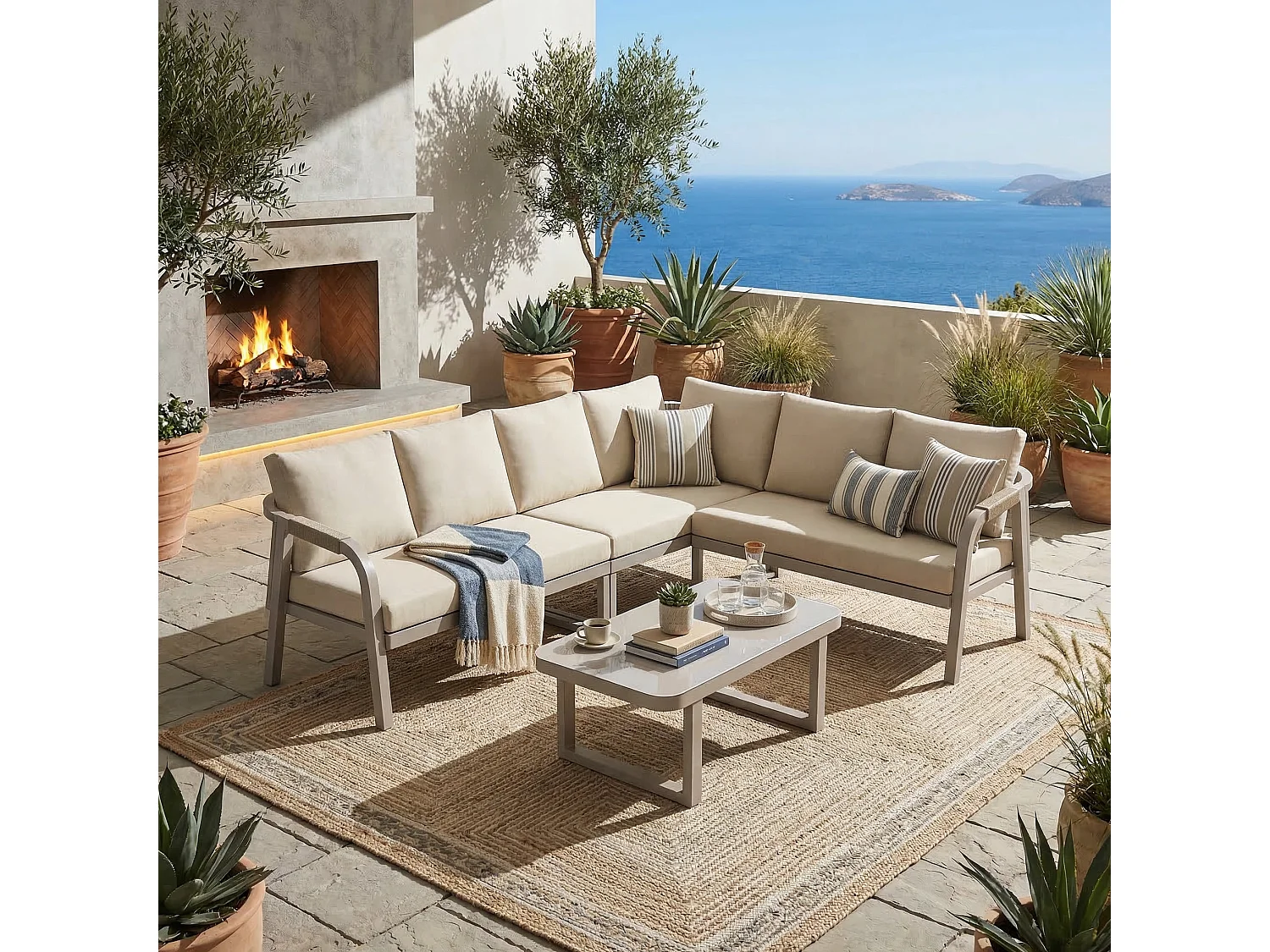 Salon de Jardin d’angle 6 places – Canapé d’angle + table basse verre – Tressage corde – Acier galvanisé – Beige