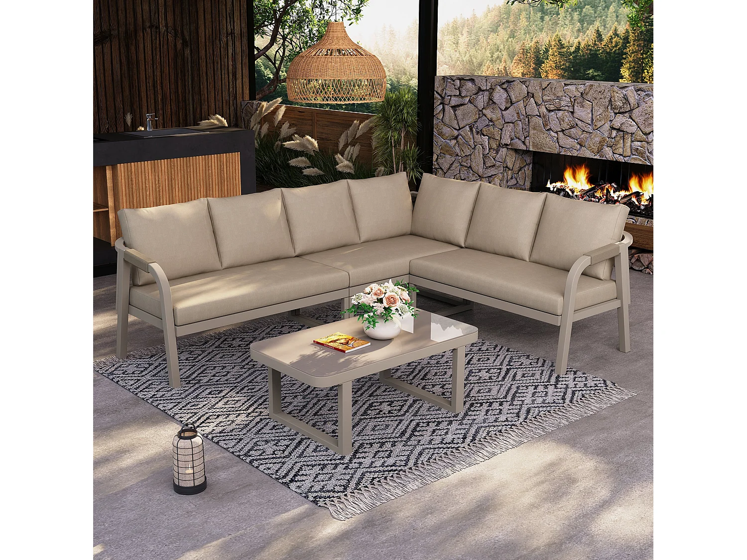 Salon de Jardin d’angle 6 places – Canapé d’angle + table basse verre – Tressage corde – Acier galvanisé – Beige