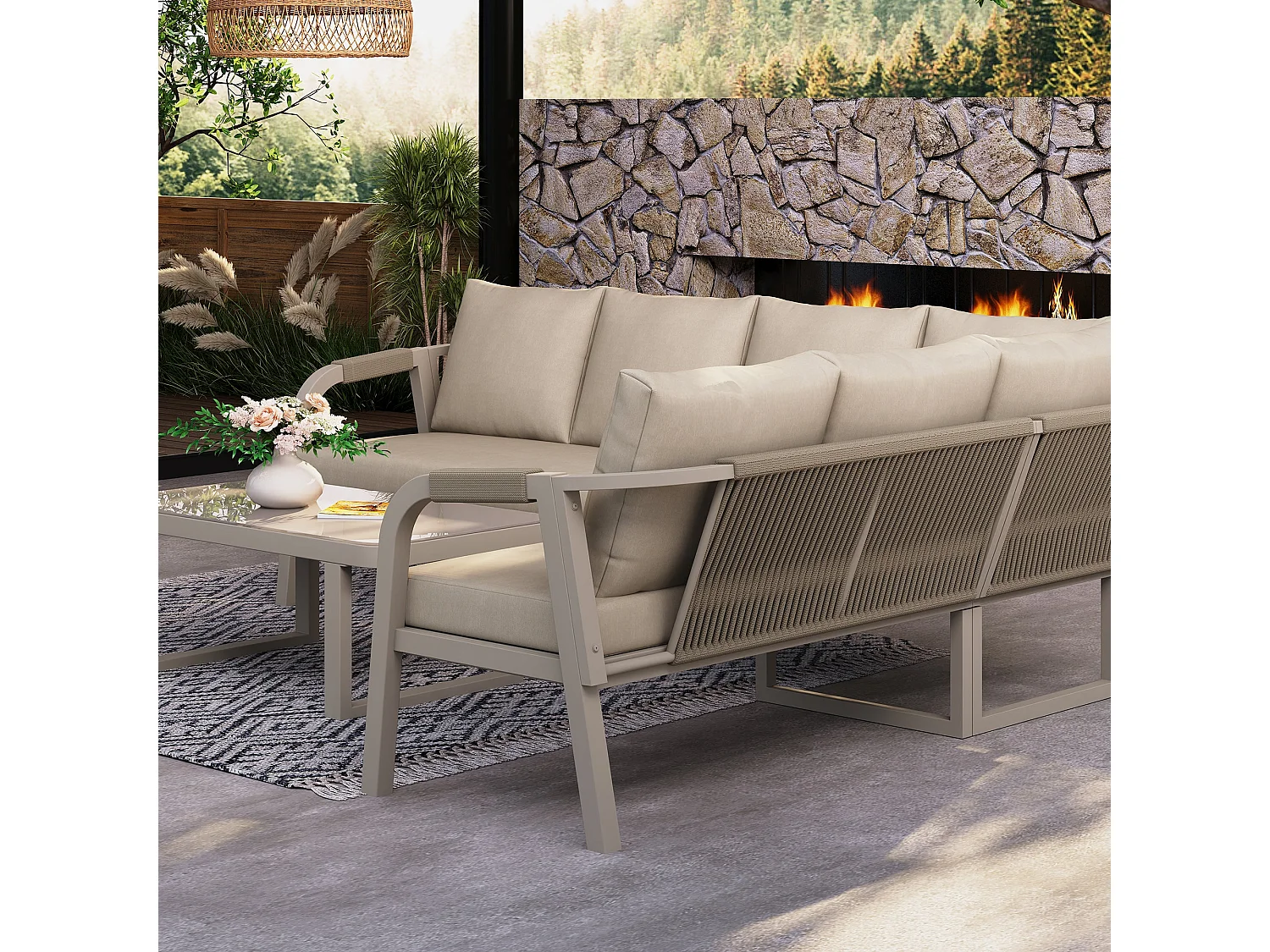 Salon de Jardin d’angle 6 places – Canapé d’angle + table basse verre – Tressage corde – Acier galvanisé – Beige