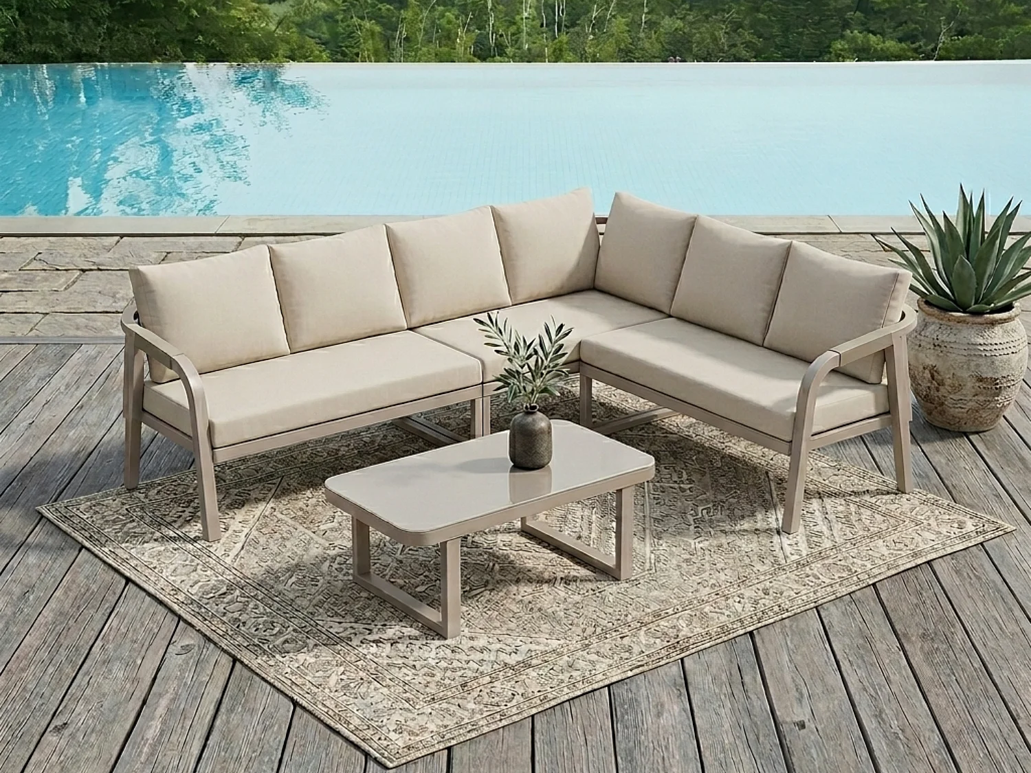 Salon de Jardin d’angle 6 places – Canapé d’angle + table basse verre – Tressage corde – Acier galvanisé – Beige
