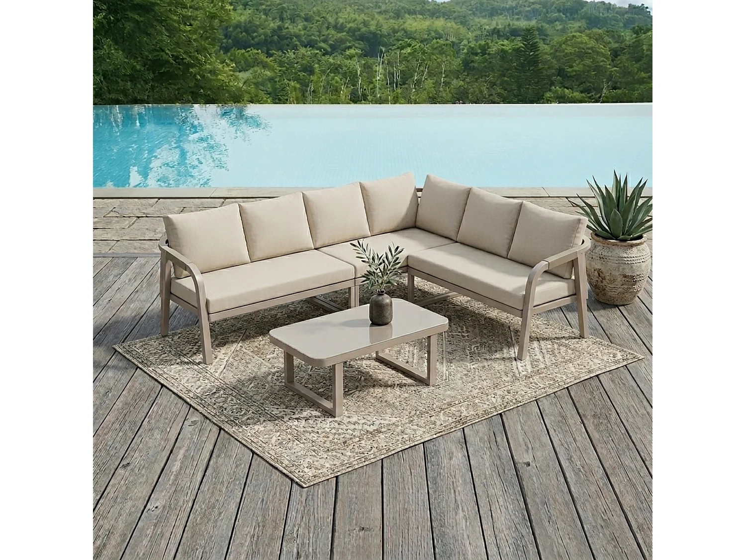 Salon de Jardin d’angle 6 places – Canapé d’angle + table basse verre – Tressage corde – Acier galvanisé – Beige