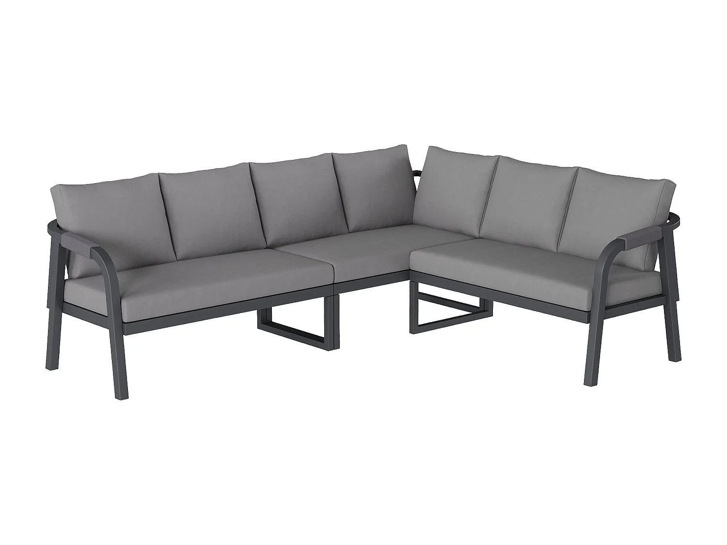 Salon de Jardin d’angle 6 Places – Canapé D’angle + Table Basse Verre – Tressage Corde – Acier Galvanisé – Gris