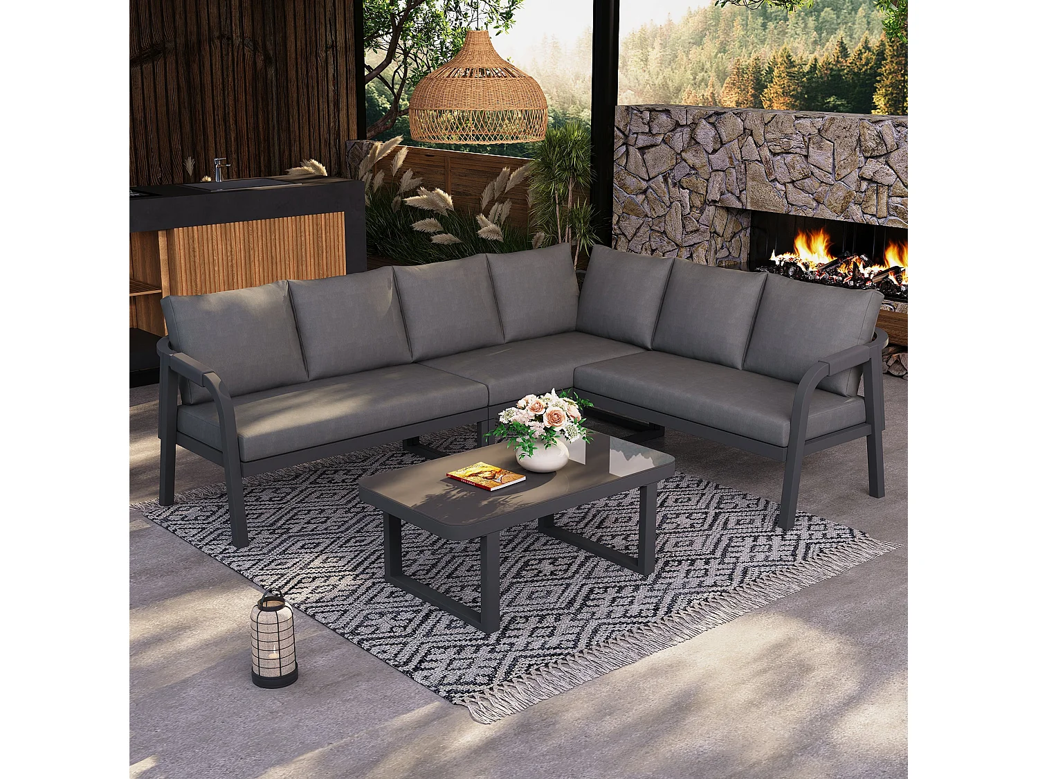 Salon de Jardin d’angle 6 Places – Canapé D’angle + Table Basse Verre – Tressage Corde – Acier Galvanisé – Gris