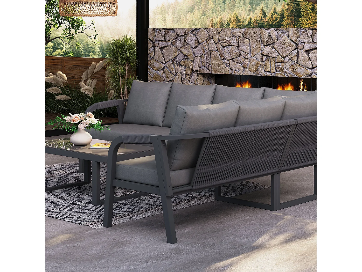 Salon de Jardin d’angle 6 Places – Canapé D’angle + Table Basse Verre – Tressage Corde – Acier Galvanisé – Gris