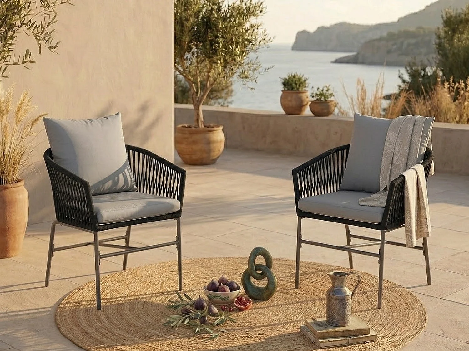 Lot De 2 Chaises De Jardin Design Bohème – Coussins, Coque Confortable, Structure Métal, Noir