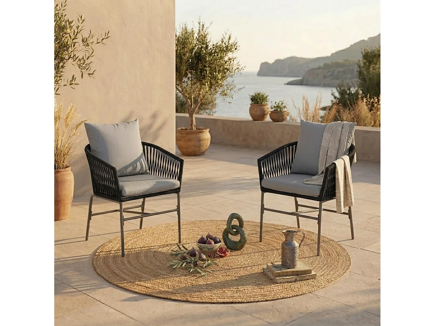 Lot De 2 Chaises De Jardin Design Bohème – Coussins, Coque Confortable, Structure Métal, Noir